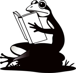A curious frog diligently reading an open book in monochrome style