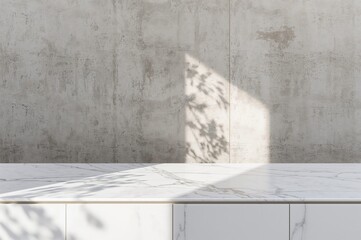 Garden Scene Featuring a White Marble Table and Tree Shadows Against a Concrete Wall Texture, Ideal for Presentation Backgrounds and Mockups