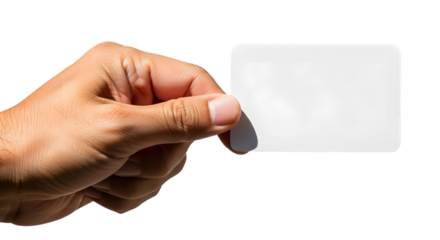 Hand holding a blank white card isolated on transparent background