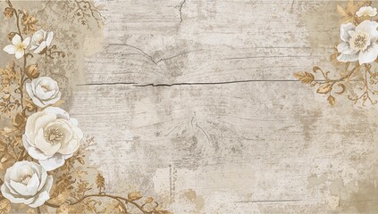 Classic bridal motif showcasing white blossoms with abstract floral patterns on a distressed wooden backdrop with retro vibes.
