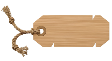 Blank wooden tag with rope isolated on transparent background