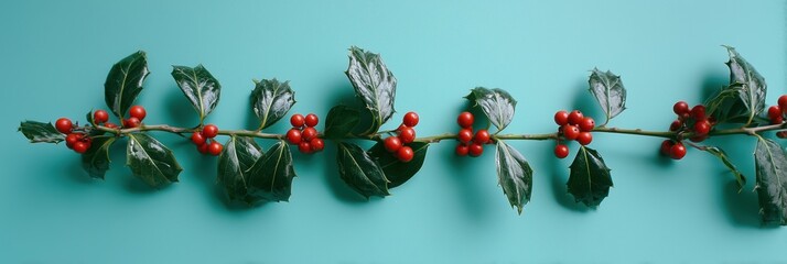Holly branch with red berries on turquoise background for modern Christmas marketing design