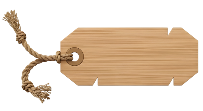 Blank wooden tag with rope isolated on transparent background