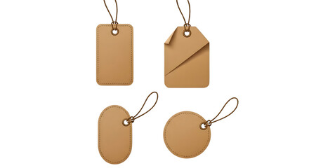 Four blank cardboard tags in different shapes and forms, isolated on transparent background