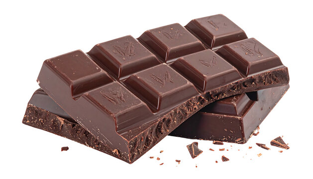 Dark chocolate bar with visible segments and crumbs on transparent backdrop