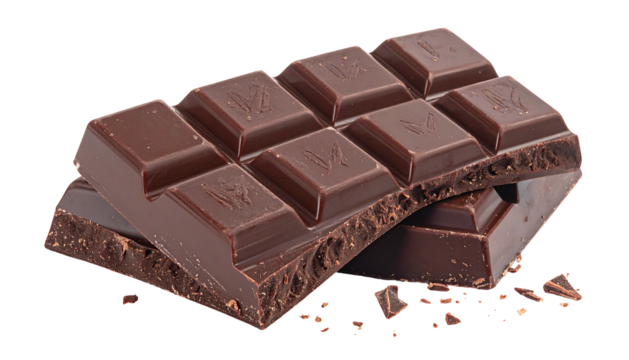 Dark chocolate bar with visible segments and crumbs on transparent backdrop