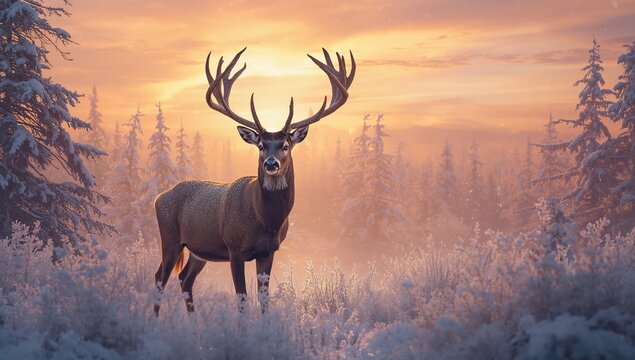 Solitary majestic stag with large antlers in a magical snowy forest at dusk. Festive winter holiday scene.