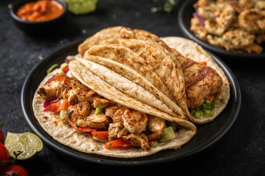 Grilled chicken and veggie burritos with tortilla wraps on a dark surface, no people, healthy sandwich options