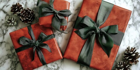 Wrapped Christmas gifts with green bows on marble texture, elegant festive flatlay for seasonal product showcase and holiday marketing visuals