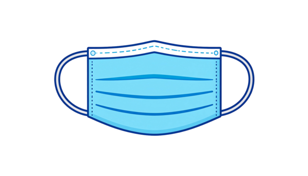 Isolated blue surgical mask with white straps and trim outlined in dark blue against a solid black background