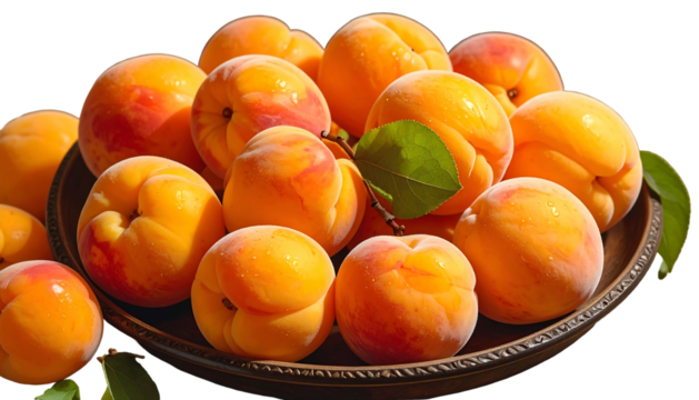 Pile of ripe apricots on a shallow bowl, highlighted by sunlight, showing smooth skin with hints of red and green leaves