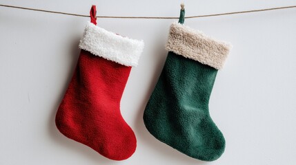 Classic Christmas stockings in red and green hanging on rope, cozy festive decor background for seasonal promotions and winter branding visuals
