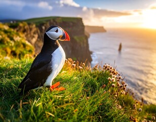 Puffin perched on a cliff at sunrise.  Vast ocean view