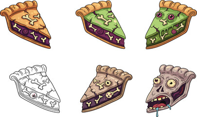 Creepy Halloween bone pie slices, zombie dessert cartoon illustration set, spooky food design for sticker, poster, t-shirt, and vector art collection