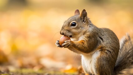 Close Up Of A Squirrel Eating A Nut With Autumn Foliage In The Background