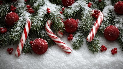 Snow covered pine branches with red berries and candy canes, festive winter background for holiday product placement and cheerful seasonal branding