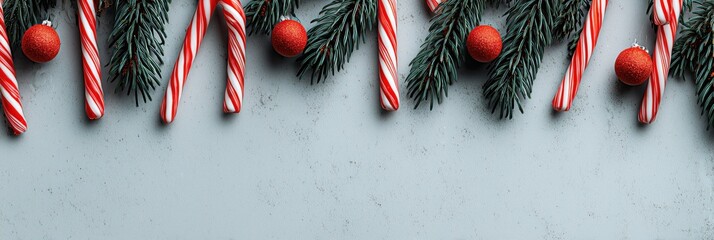 Holiday fir branches with red baubles and candy canes on neutral stone background, clean festive layout for seasonal advertising and product showcase