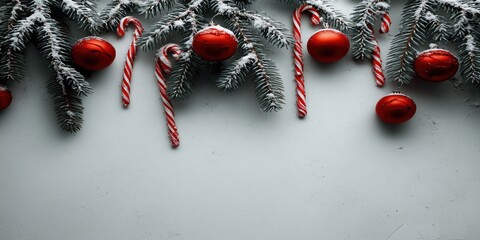 Frosted pine branches with red ornaments and candy canes on textured winter background, perfect for elegant holiday product presentation and marketing design