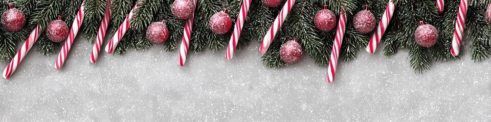 Christmas candy cane and bauble garland on frosted white background, ideal holiday border for festive product display and seasonal marketing visuals