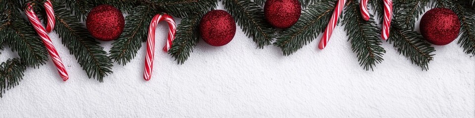 Holiday background with red ornaments and candy canes on snowy pine branches, perfect for Christmas product display, web banners and seasonal marketing layouts