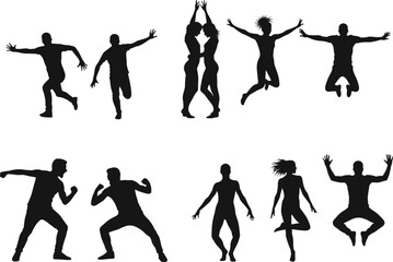 Dancing and jumping people silhouette vector set, modern motion illustration, black silhouette art, active lifestyle design, joy and energy concept