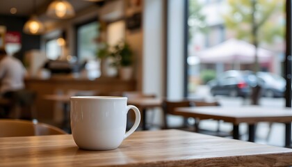 White Coffee Cup on Wooden Table with Cozy Cafe Interior and City View Outside in the Morning