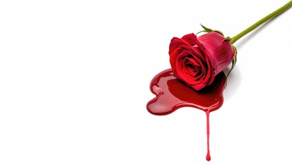 Heartbreak and sorrow symbolized by a bleeding red rose and blood puddle on a white backdrop with space for text