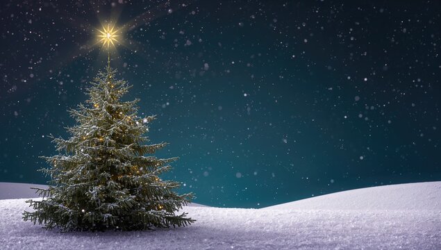 Holiday star shining in the dark sky with snowflakes falling and a snowy pine tree