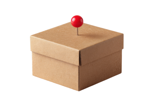 Cardboard box with red pushpin on top against black background kraft paper, Isolated On Transparent Background, Png Cut Out