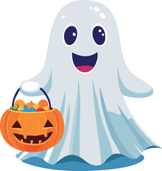 Funny Ghost with Pumpkin Candy
Ghost holding pumpkin candy bucket, playful Halloween vector