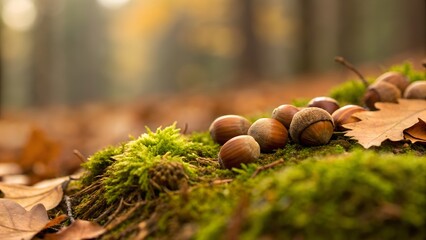 Autumn Forest Floor With Hazelnuts And Acorns On Moss Covered Ground Shallow Depth Of Field Soft Sunlight