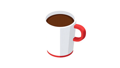 Isometric white mug filled with dark brown liquid, handle in red against a stark black background