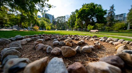 City park labyrinth walk, concentric stone rings, meditative pace, walking, labyrinth, meditation, park, mindfulness, wellness, urban nature, calm, ritual, balance, with copy space