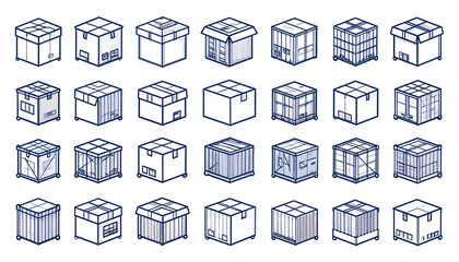 Isometric boxes, varying sizes, and designs on a dark backdrop, giving a neat and organized cartoon-like grid look
