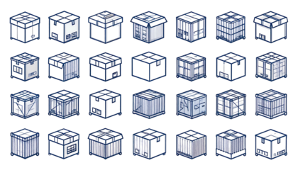 Isometric boxes, varying sizes, and designs on a dark backdrop, giving a neat and organized cartoon-like grid look