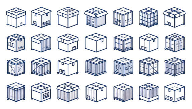 Isometric boxes, varying sizes, and designs on a dark backdrop, giving a neat and organized cartoon-like grid look