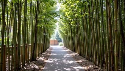 Serene Pathway Through Lush Bamboo Forest with Sunlight Filtering in Nature