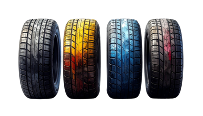 Four tires lined up, each with different colorful tints on a dark background