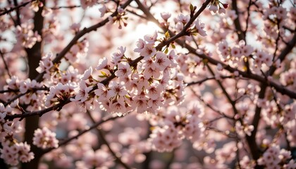 Fototapeta premium Sunlit Cherry Blossom Branches Blooming with Pink Flowers in Early Spring Nature Scene