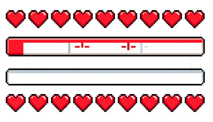 Pixelated health bar with hearts above and below, over a blank bar, on black. Retro gaming