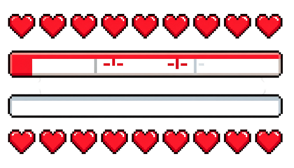 Pixelated health bar with hearts above and below, over a blank bar, on black. Retro gaming
