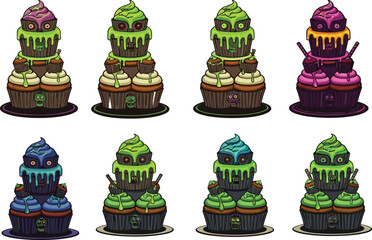 Halloween monster cupcakes vector set with spooky faces, cartoon dessert characters, creepy icing, fantasy food art for seasonal design