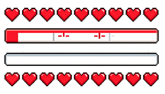 Pixelated health bar with hearts above and below, over a blank bar, on black. Retro gaming - Powered by Adobe