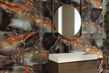 Closeup vanity interior. Compact urban bathroom with quartz surfaces, wood textures, and sleek storage. 3D Rendering