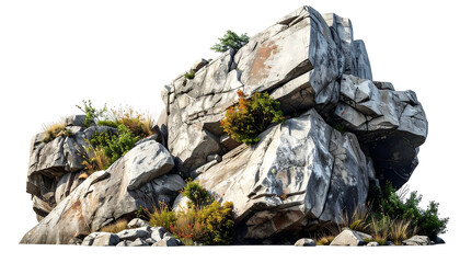 Jagged, light gray rocks cluster with scattered plants on a transparent backdrop, evoking a natural, raw landscape