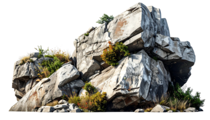 Jagged, light gray rocks cluster with scattered plants on a transparent backdrop, evoking a natural, raw landscape