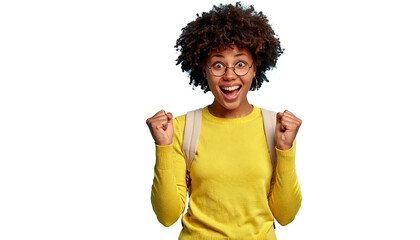 Joyful woman with curly hair wearing a yellow shirt and glasses, expressing excitement against a black background