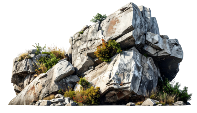 Jagged, light gray rocks cluster with scattered plants on a transparent backdrop, evoking a natural, raw landscape