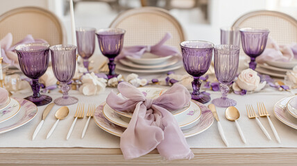 Elegant table setting for a wedding celebration or luxurious event, featuring purple goblets and lavender napkins