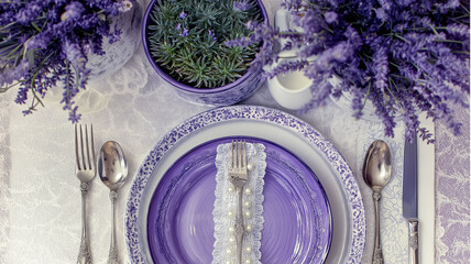 Purple themed table setting featuring lavender flowers, ornate plates, elegant silverware, and a decorative pearl and lace napkin